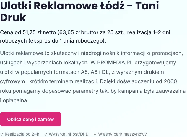 Strona produktu w druklodz.pl z ceną od i przyciskiem Oblicz cenę i zamów