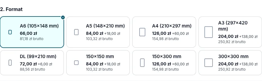 Sekcja Format w kalkulatorze z ikonami kształtów i dopłatami