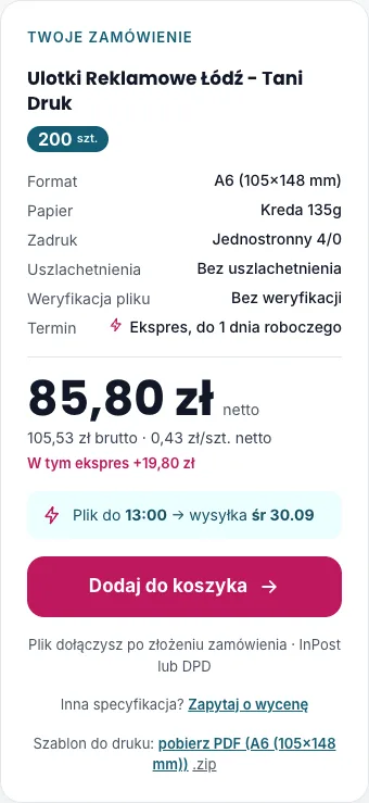 Podsumowanie Twoje zamówienie - cena netto i brutto, termin wysyłki, szablon PDF
