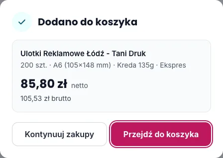 Okno Dodano do koszyka z przyciskami Przejdź do koszyka i Kontynuuj zakupy